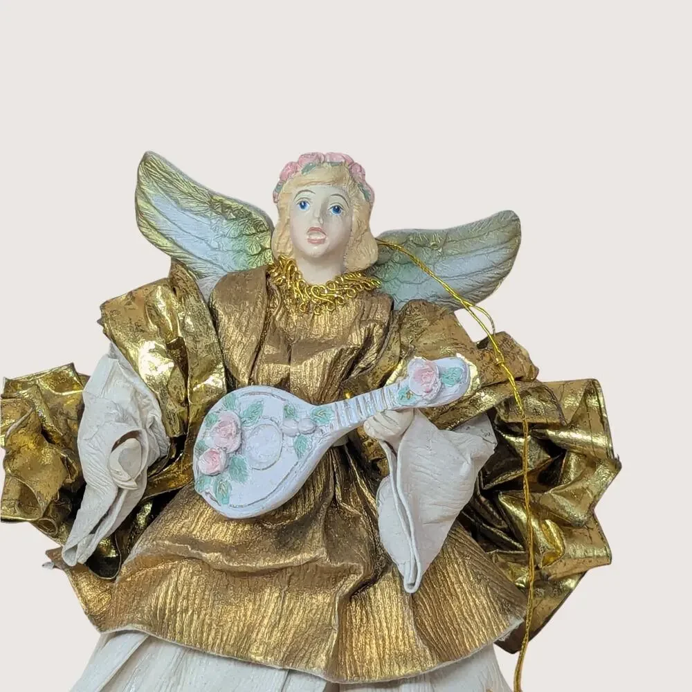 Vintage Gold Fabric Mache Angel Playing Lute Ornament
